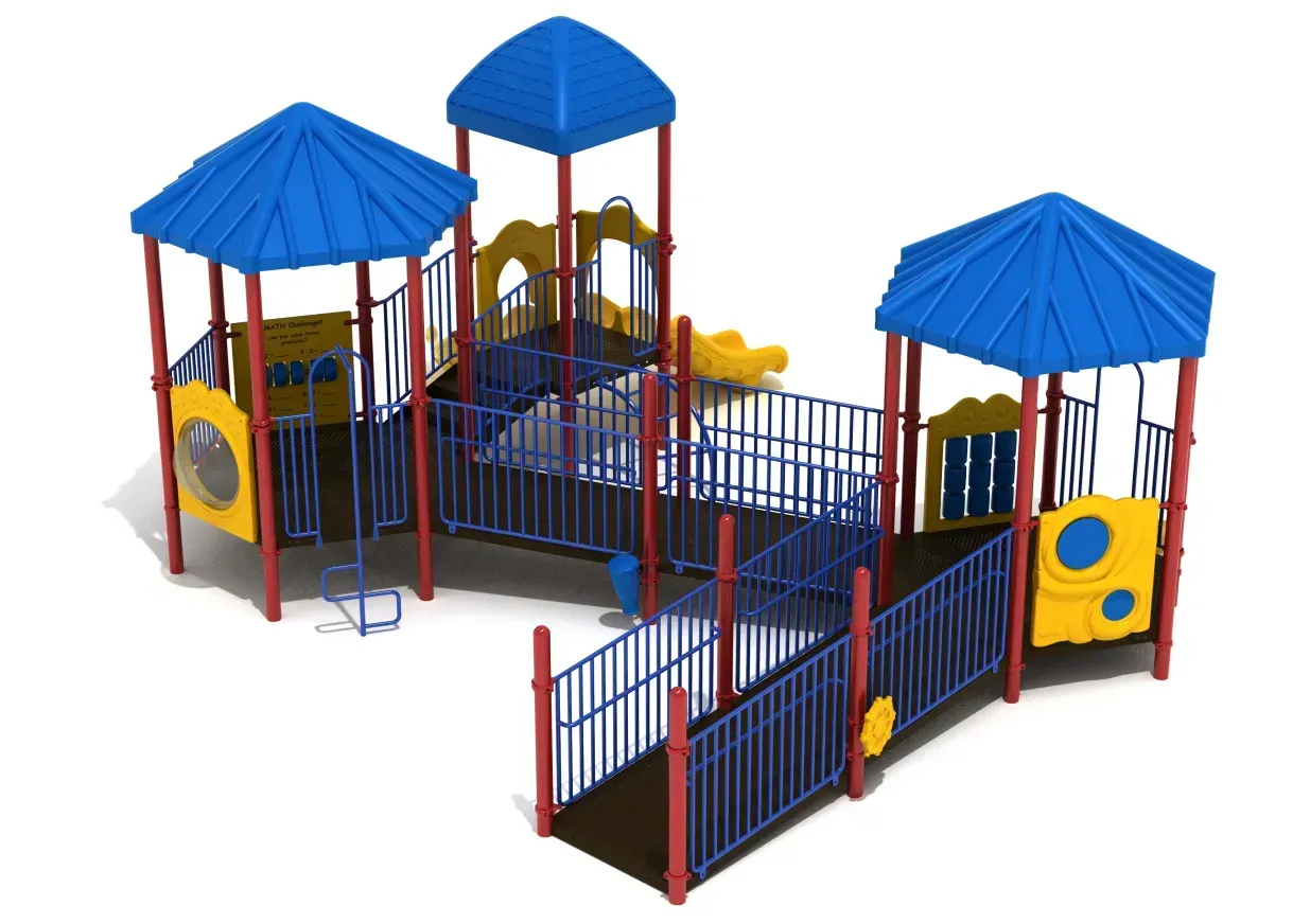 Colorful playground structure with blue roofs, red posts, ramps, and railings.