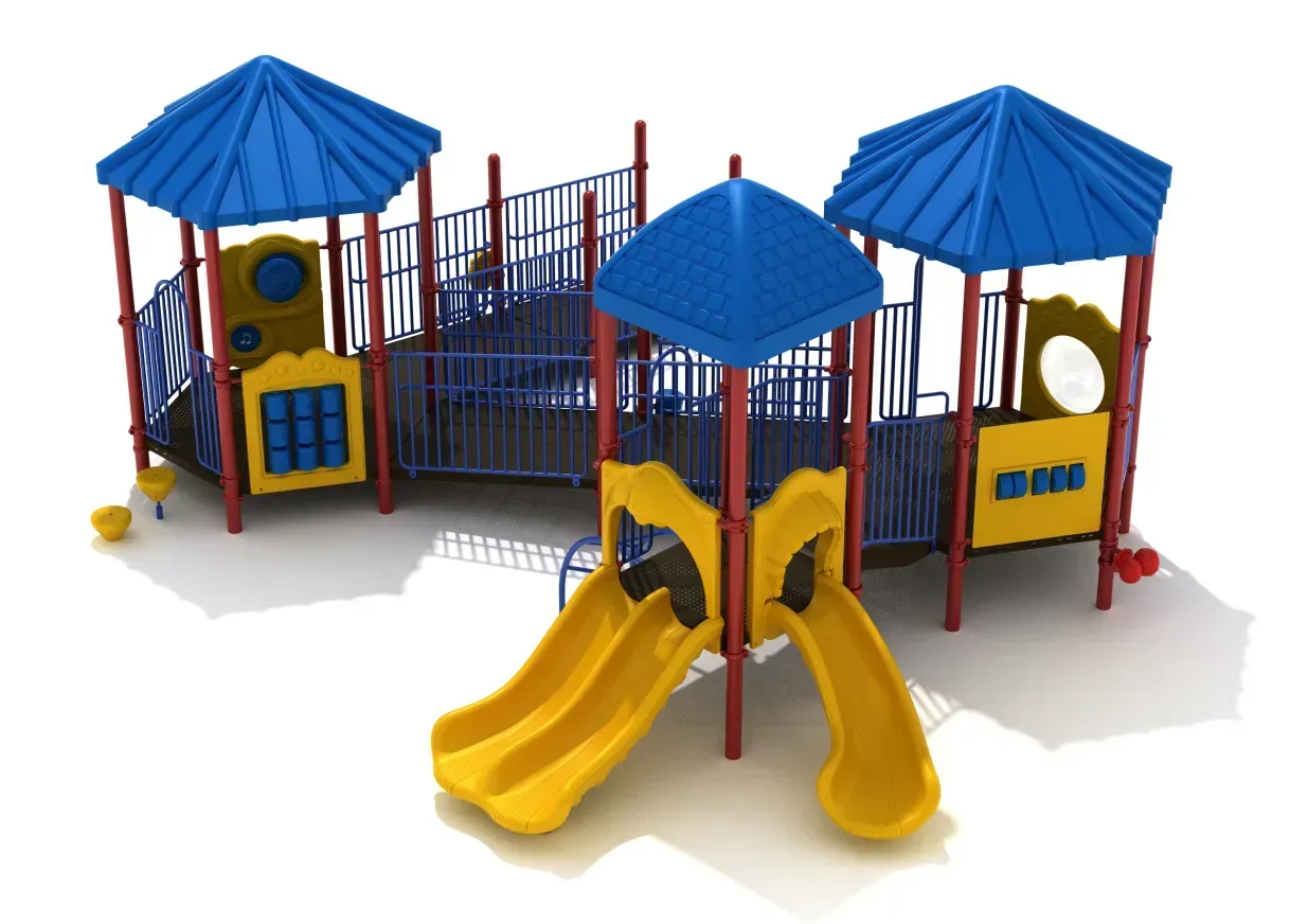 Colorful playground structure with blue roofs, yellow slides, and red railings on a white background