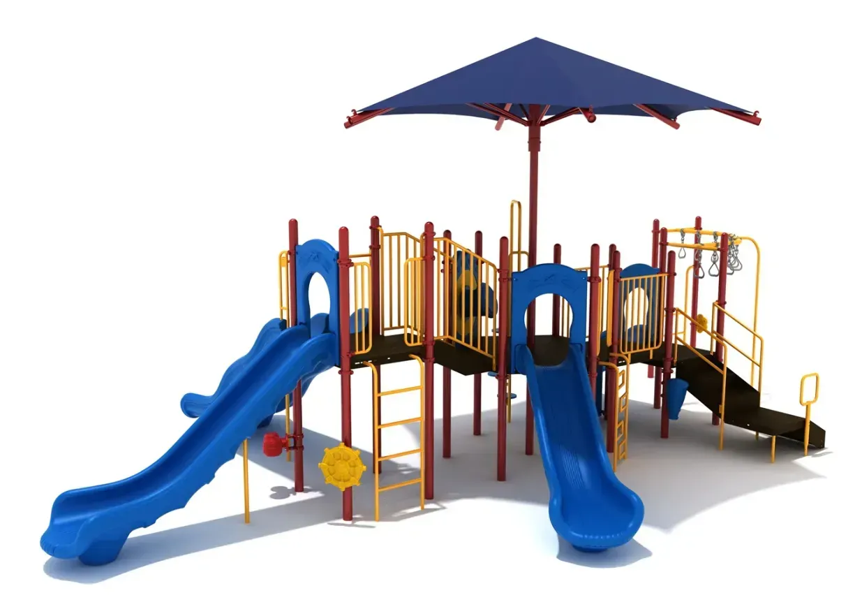 Colorful playground with blue slides, yellow rails, and a shaded canopy on a white background
