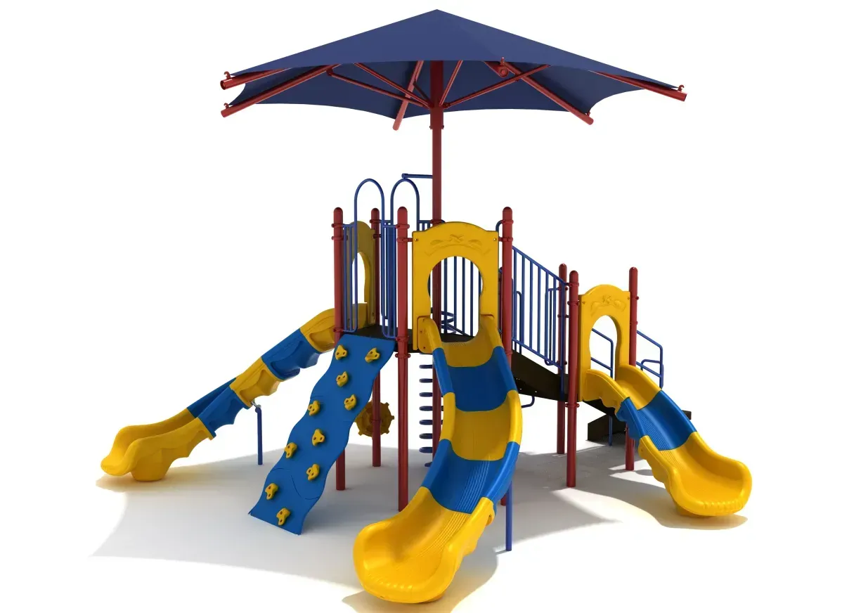 Colorful playground playset with slides, climbing steps, and a shade canopy