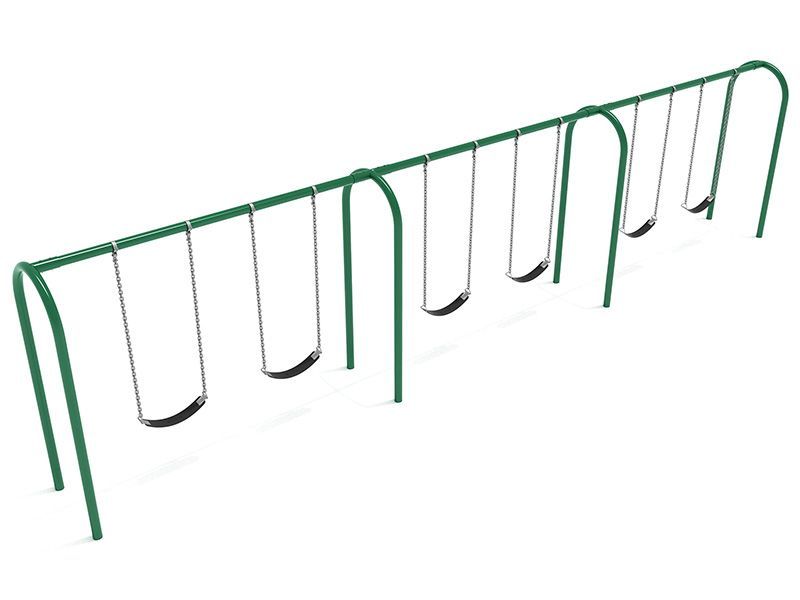 Green metal swing set with several swings, in a park setting.