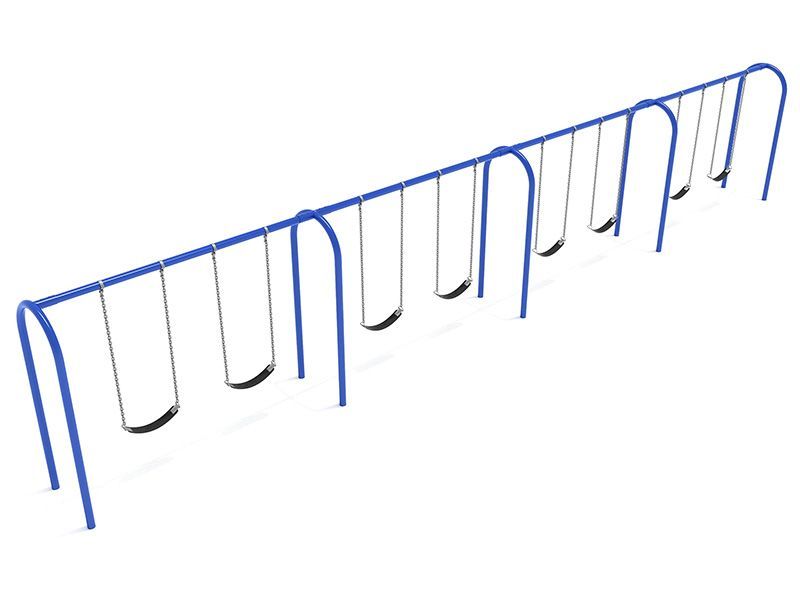 Blue swing set on a white background with multiple swings hanging from a long bar.