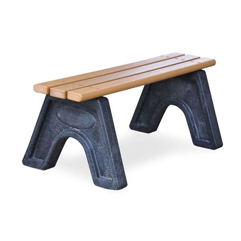 Small outdoor bench with brown seat and dark gray legs.