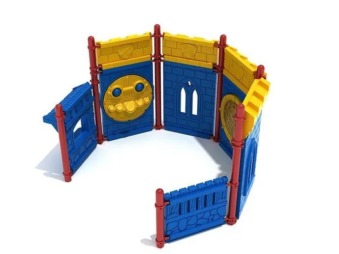 Blue and yellow plastic play castle with red accents; has windows, round smiling face design.