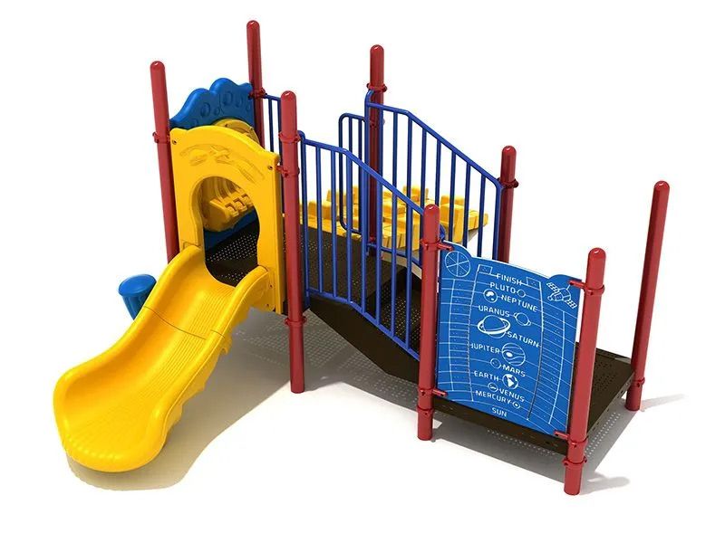 Yellow and blue playground slide with red railing and a blueprint panel.