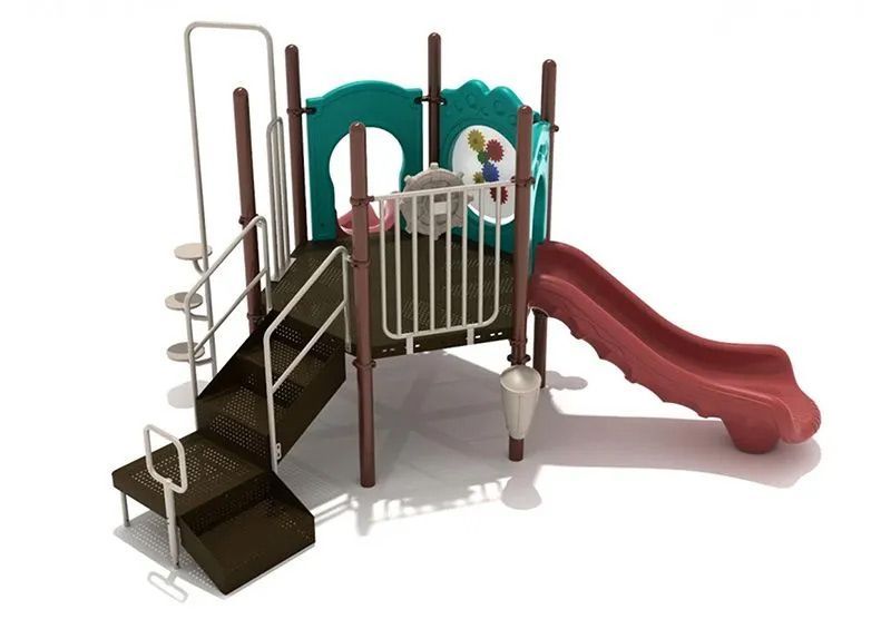 Playground with stairs, slide, and overhead structures; features brown and teal coloring.