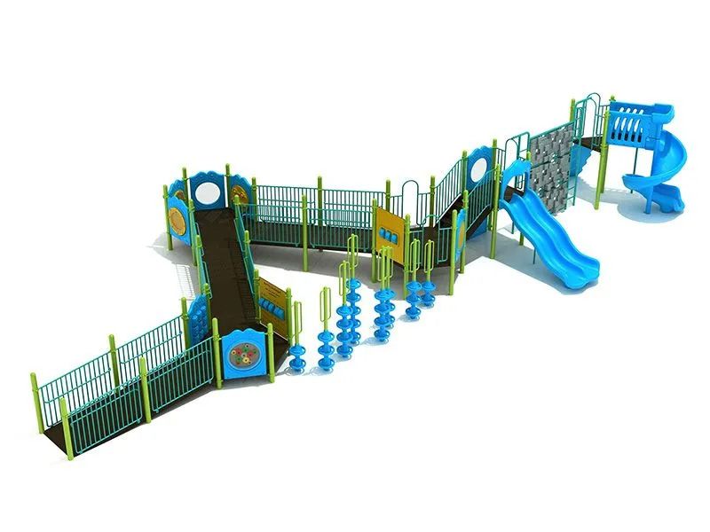Blue and green playground with slides, climbing walls, and bridges on a white background.