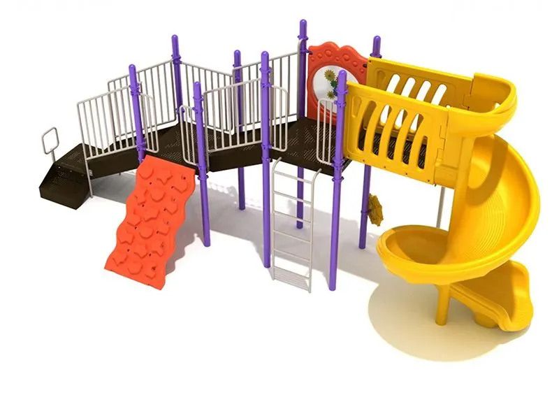 Playground with yellow slide, orange climbing wall, purple supports, and brown platforms.