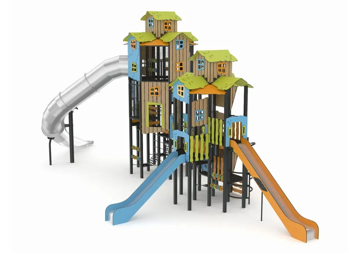 Colorful playground play structure with multiple slides, including blue, orange, and silver, on black support poles