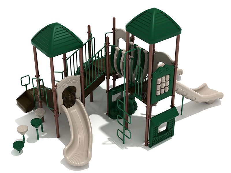 Playground with slides, steps, and overhead structures, green and beige, on a sunny day.