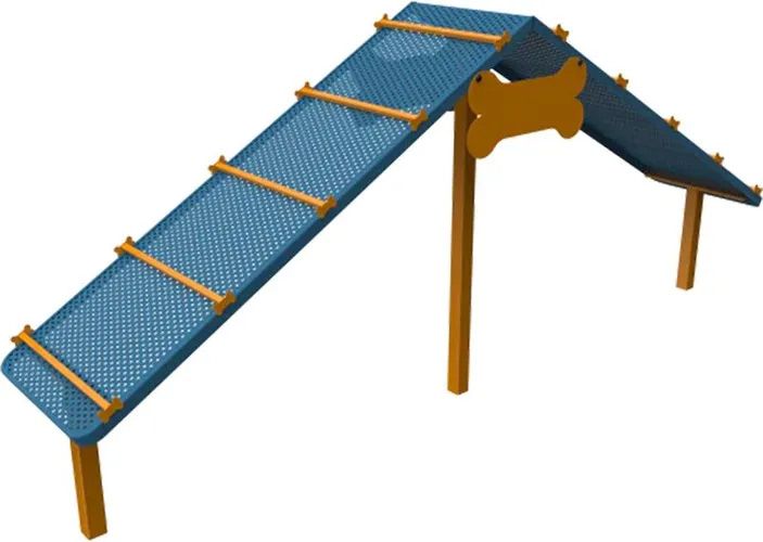 Dog agility A-frame obstacle course, blue surface with wooden rungs, on brown support posts.