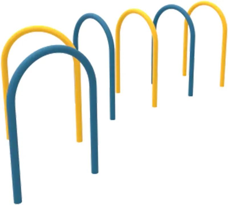 Blue and yellow playground arches arranged in a row.