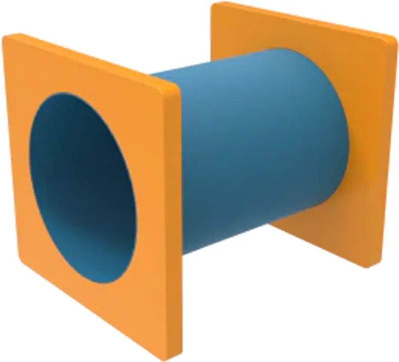 Orange-framed, blue tube play tunnel.