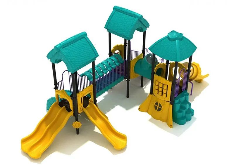 Playground with yellow slides, teal roofs and accents, and a connecting bridge.