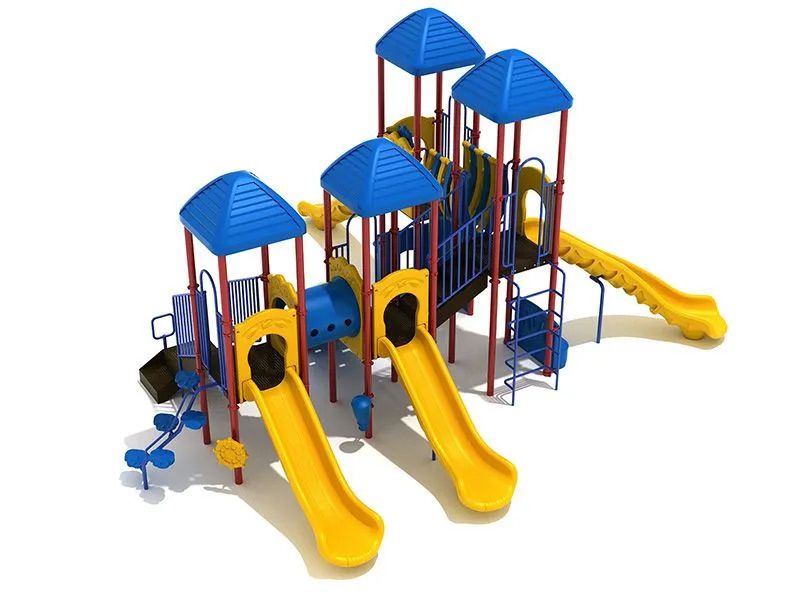 Playground with blue roofs, yellow slides, and various climbing structures.