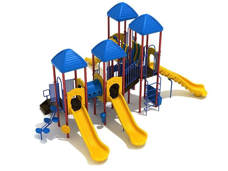 Playground structure with yellow slides, blue roofs, and ladders, on a white background.
