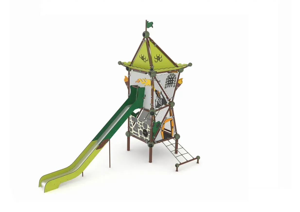 Tall green-and-yellow playground tower with a slide and climbing nets on a white background