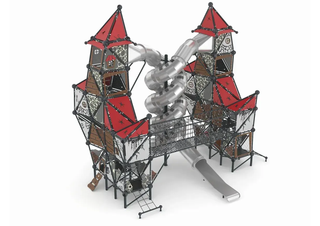 Twin red-roofed tower structures linked by a silver spiral slide on a metal playground frame