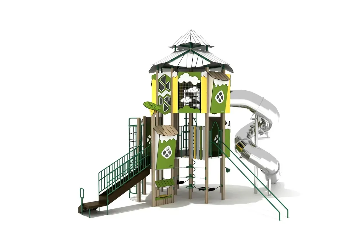 Green-and-tan playground tower with stairs, platforms, and a wavy slide on a white background