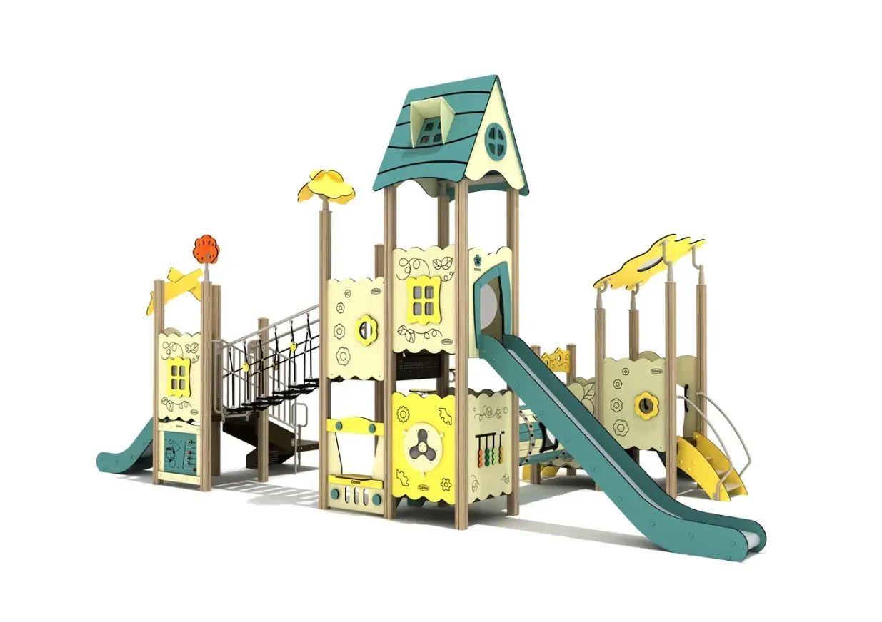 Colorful outdoor playground with multiple slides, climbing platforms, and bridges
