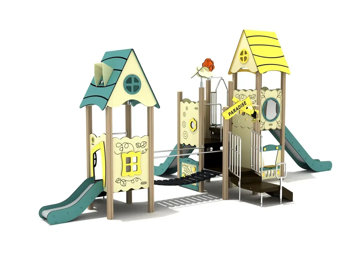 Colorful wooden playground with two towers, slides, and a bridge on a white background