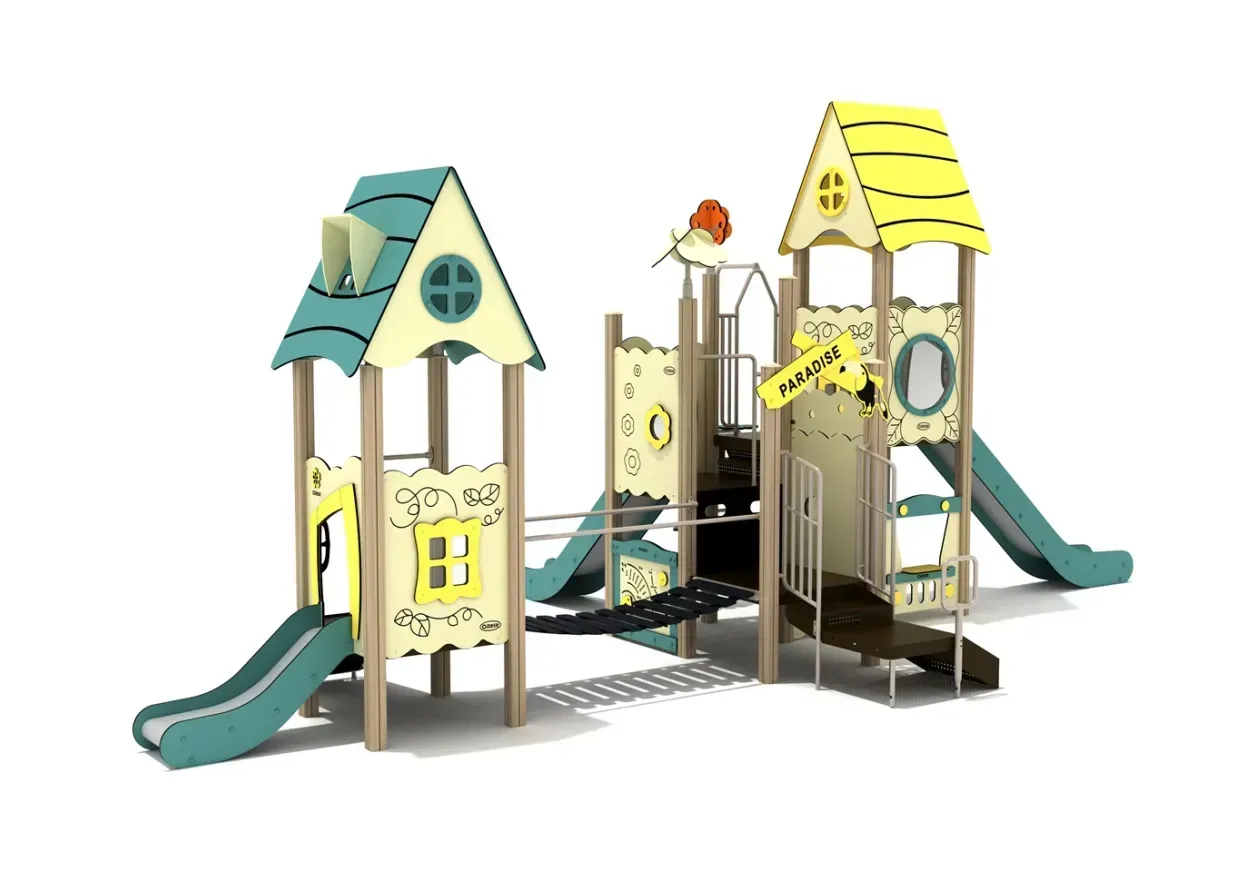 Toy playground set with two colorful towers, slides, and a bridge on a white background