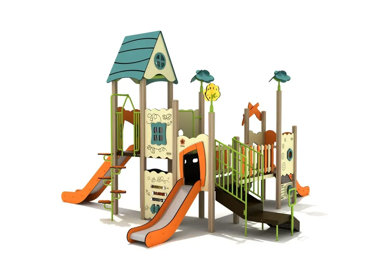 Colorful outdoor playground set with slides, climbing platforms, and a bridge