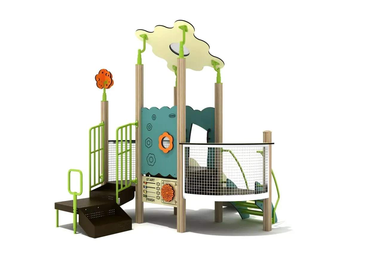 Colorful playground structure with slides, climbing panels, and ramps on a white background