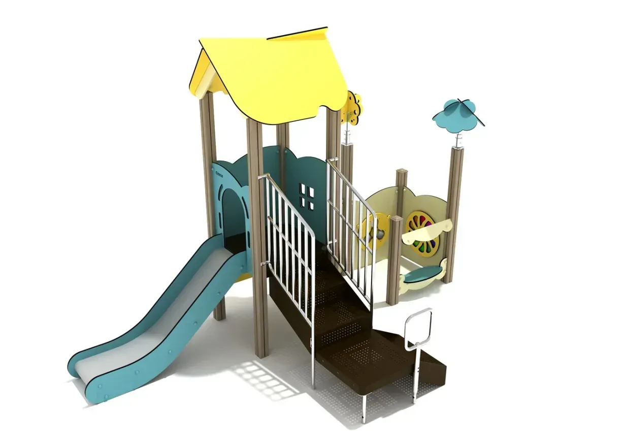 Playground climbing structure with yellow and blue roofs, slide, stairs, and railing.