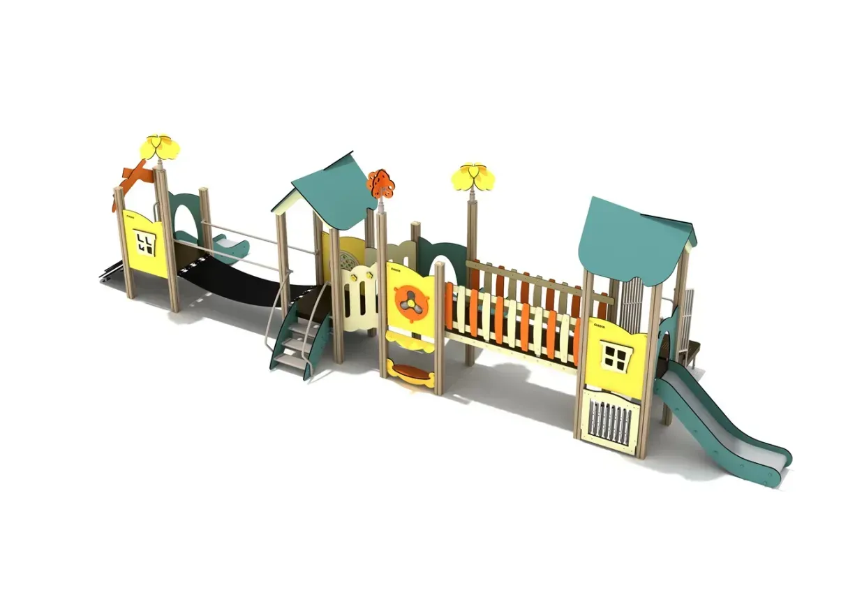 Colorful playground playset with slides, ramps, and small towers on a white background
