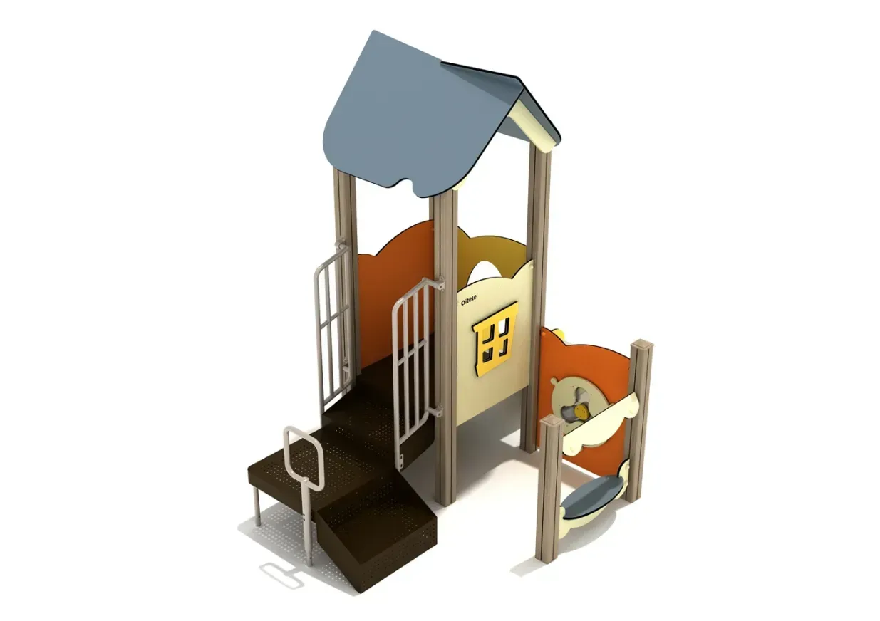 3D rendering of a small playground tower with slides, ladders, and a blue roof