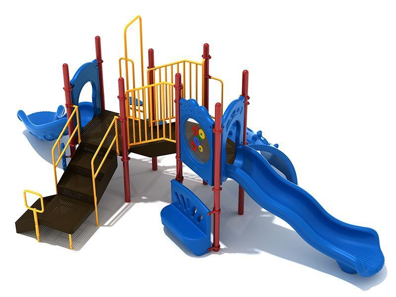 Playground structure with blue slides, steps, and yellow railings.