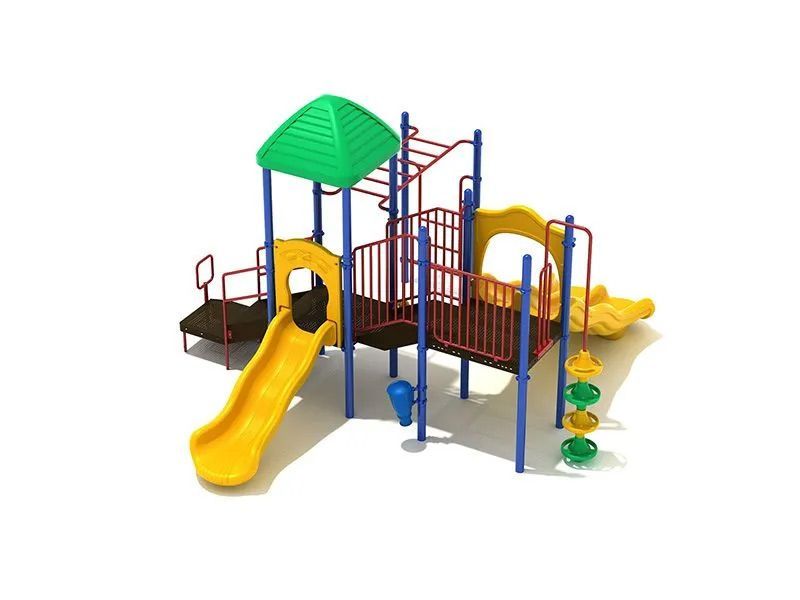 Playground with yellow slide, green roof, and blue railings.