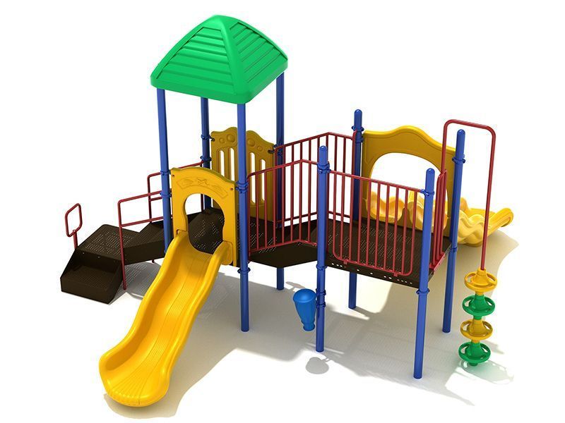 Playground structure with yellow slide, green roof, and blue supports.