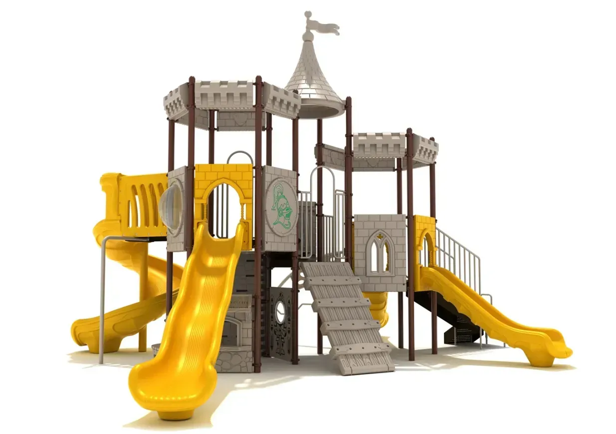 Large beige-and-brown playground structure with multiple slides and stairways on a white background
