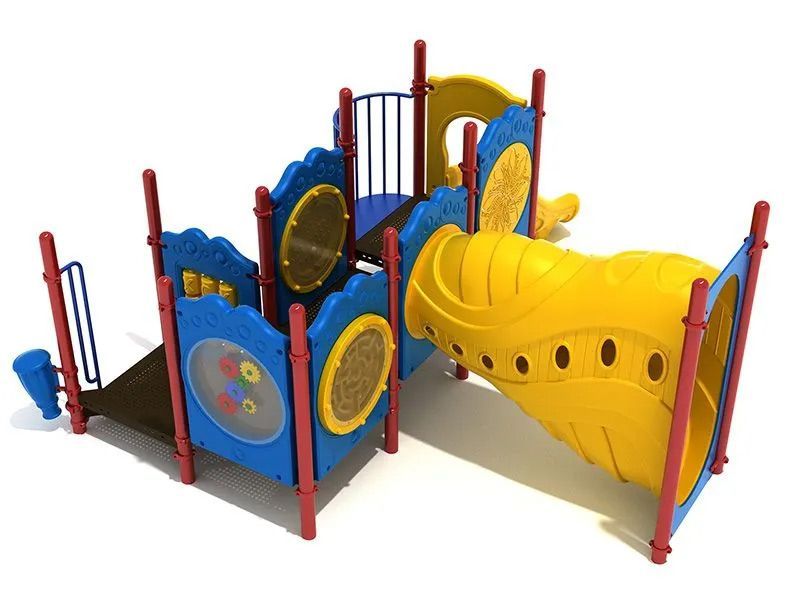 Playground structure, blue and yellow, with slide, tunnel, and climbing features.