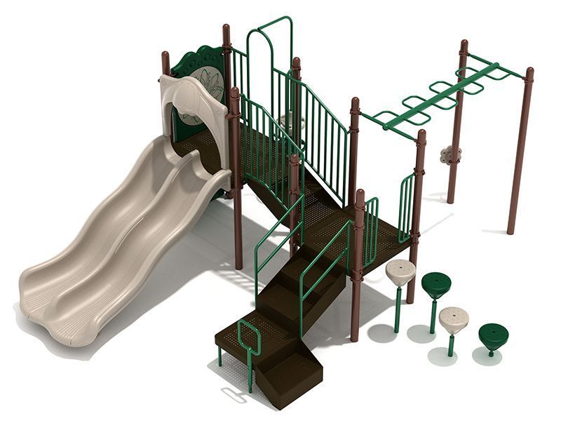 Playground with tan slide, green stairs and handrails, monkey bars, and stepping pods.