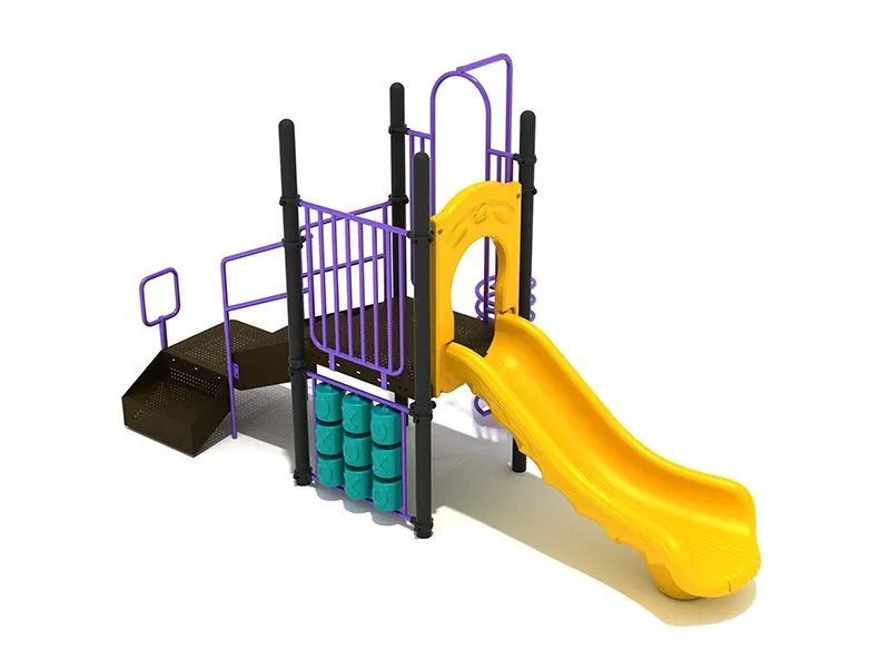 Yellow slide, purple railing, and black posts on a playground structure.
