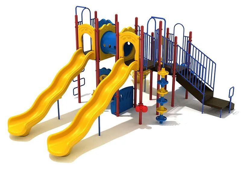 Playground with yellow slides, blue accents, and a staircase.