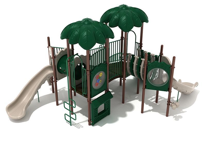 Playground with tan slide, green ladders, and tree-shaped roofs.