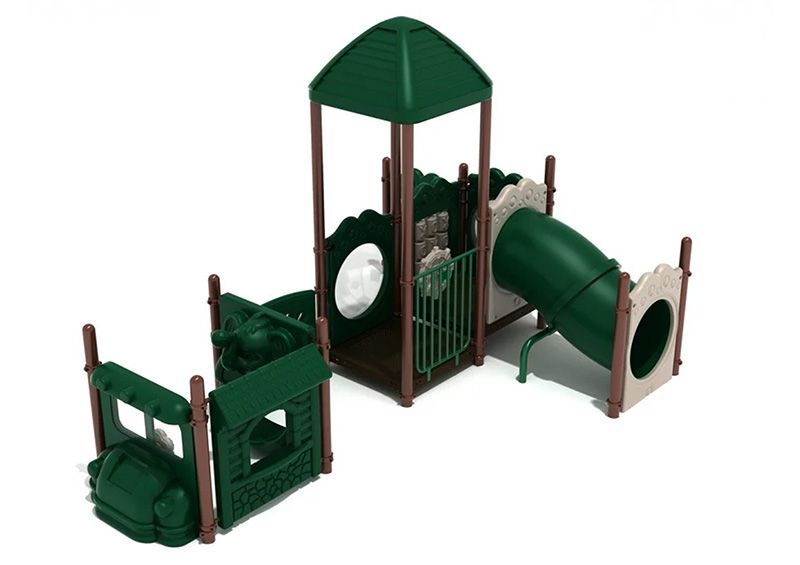 Green and tan playground with a tunnel, roof, and windows.