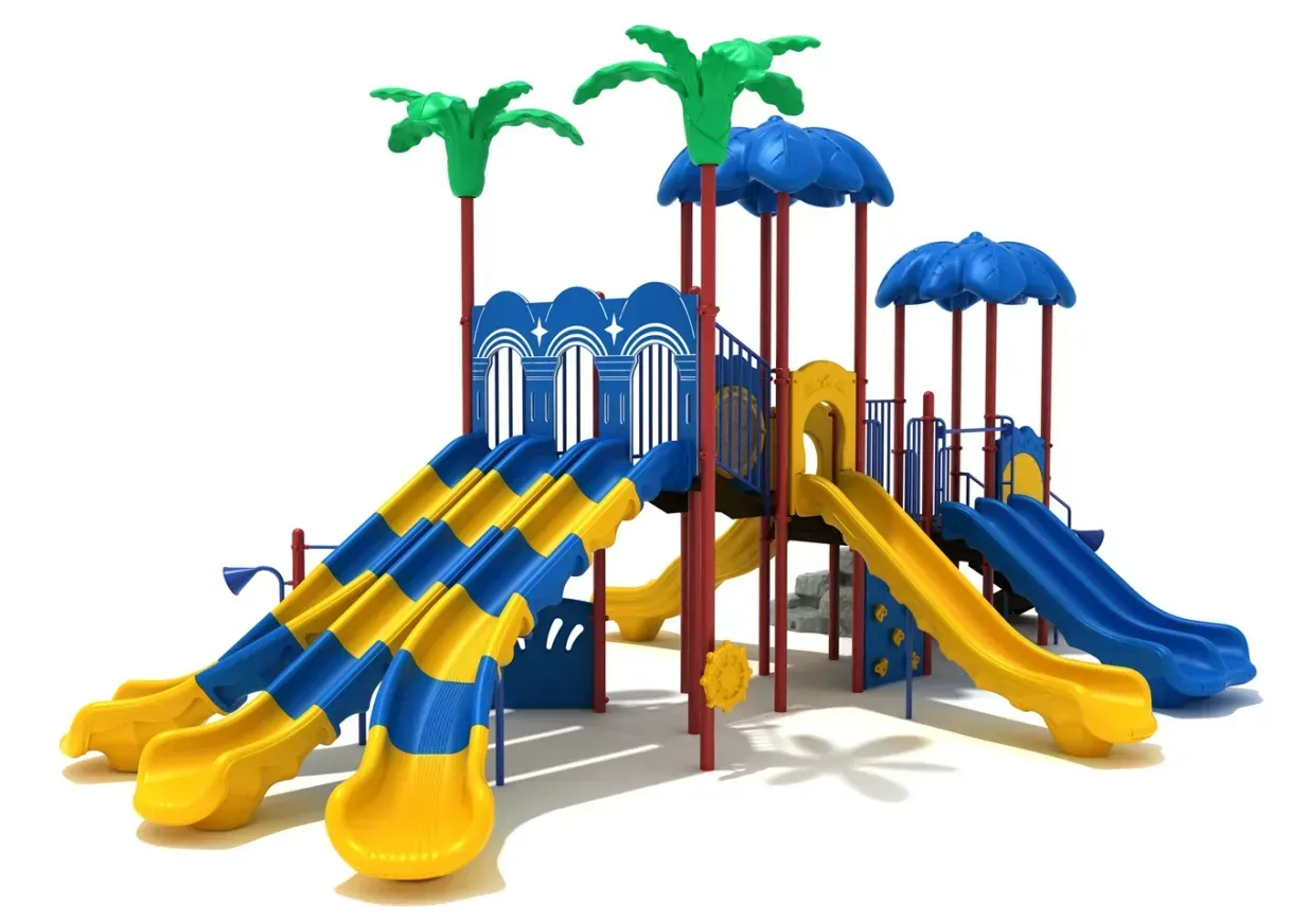 Colorful playground with blue, yellow, and red slides and palm-tree towers