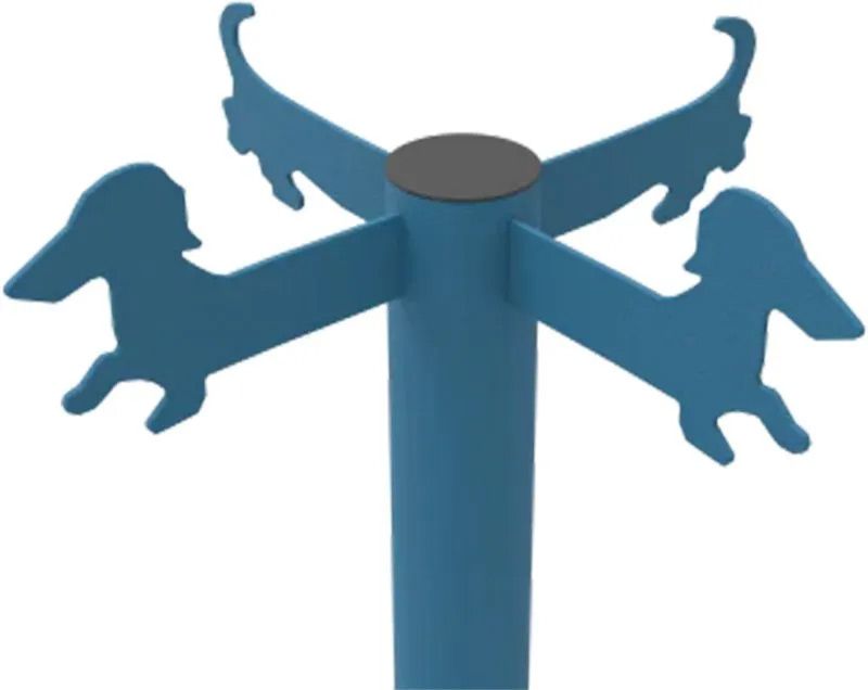 Blue metal dachshund-shaped barrier, part of a pole.