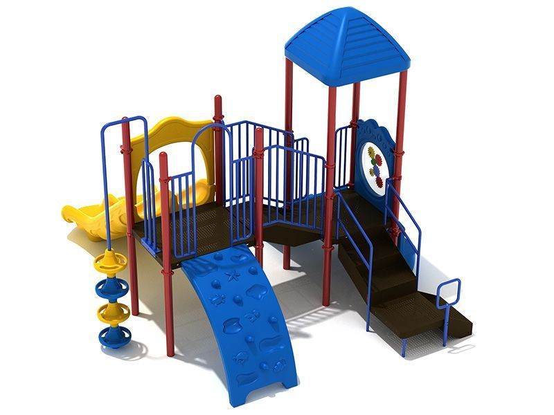 Playground with blue, yellow, and red elements; includes a slide, climbing wall, and overhead bars.