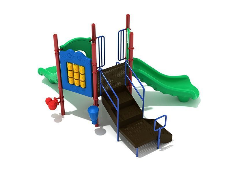 Playground with green slide, brown stairs, blue and red supports, and blue and yellow panel.