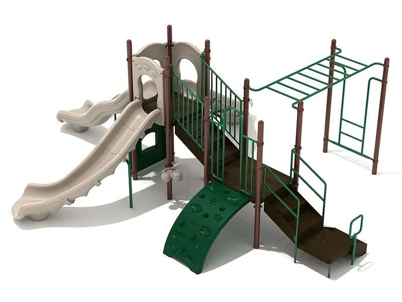 Playground set with slides, stairs, climbing wall, and monkey bars.