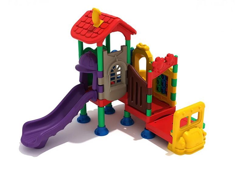 Colorful plastic playground with a slide, tower, and bridge.