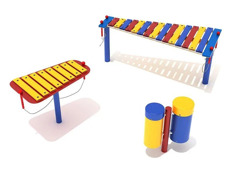Musical playground instruments: xylophones and a drum set in primary colors.