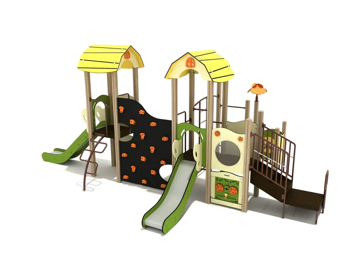 Children’s playground set with slides, climbing wall, tunnels, and yellow-roofed towers