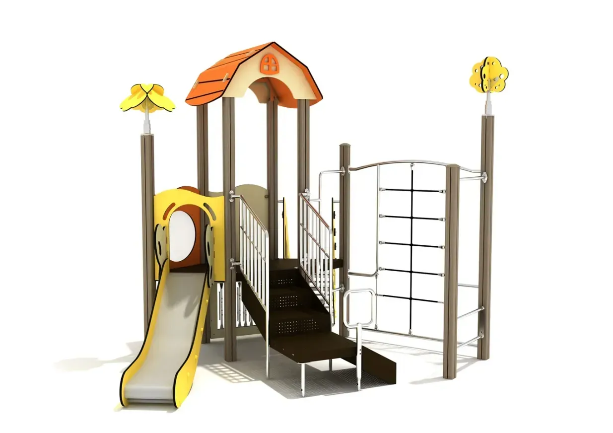Children’s playground with slide, climbing ladder, tunnel, and platforms in yellow, brown, and gray